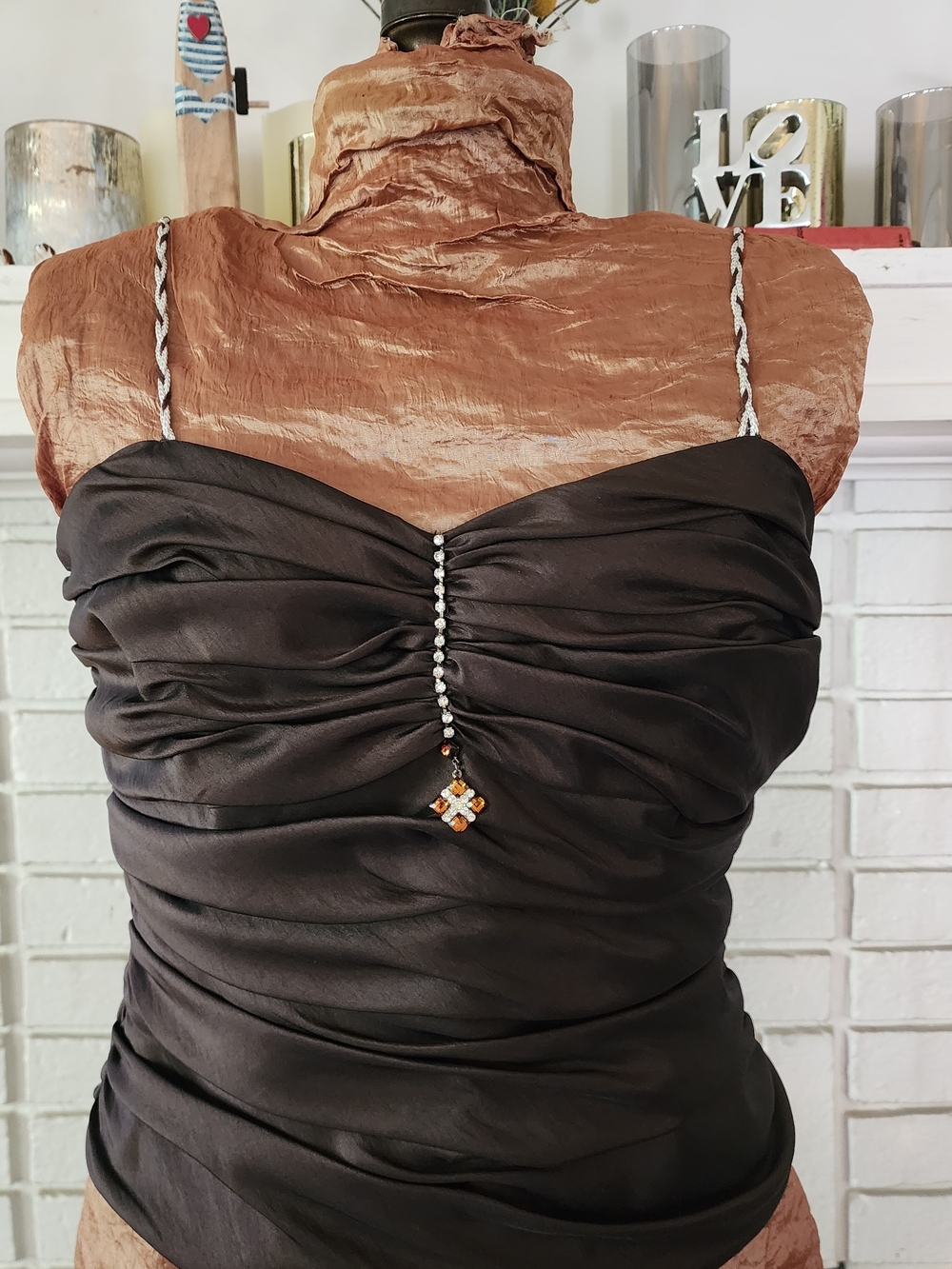 David's Bridal Black Ruched Satin Spaghetti Strap Top with Rhinestone Accent